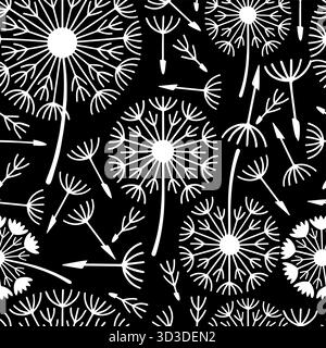 Seamless pattern of white dandelions on a black background. A set of colored flowers. Hand drawn. Not AI vector illustration Stock Vector