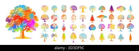 colored fruit tree cartoon set. A set of different trees. Hand drawn. Not AI, vector illustration. Stock Vector