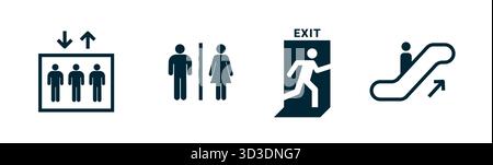 Set of Public Facility Icons Elevator, Restroom, Exit, and Escalator minimal symbols icon Stock Vector