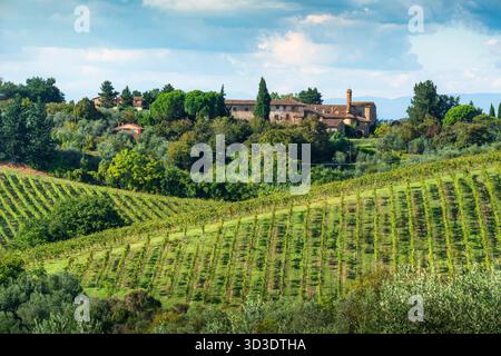 Italian Farmhouse Rural Tuscan landscape, country estate with, olive trees and forests in ...