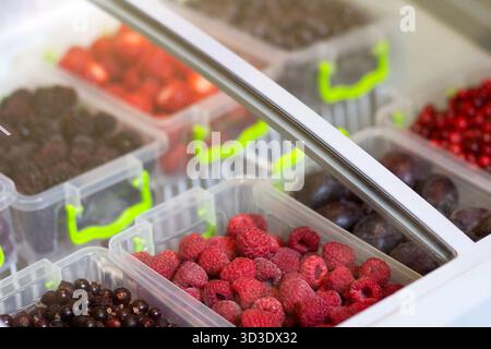 Frozen acai berry on a deep freezer in a supermarket. Food Stock Photo