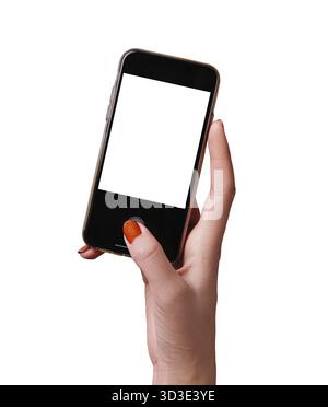 Female hands holding modern cellphone against white background Stock Photo