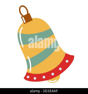 Flat style golden Christmas bell with red and green stripes. Festive icon. Hand drawn vector isolated illustration. Stock Vector