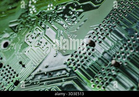 Macro Close up selective focus of printed wiring on PC circuit board, Fish Hoek, South Africa Stock Photo