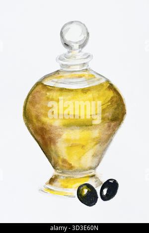 watercolor olive oil in glass bottle with branch of green olives with ...