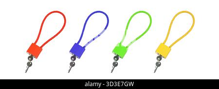 Four colorful cable luggage locks, red, blue, green, yellow, with keys, isolated on white. Stock Photo