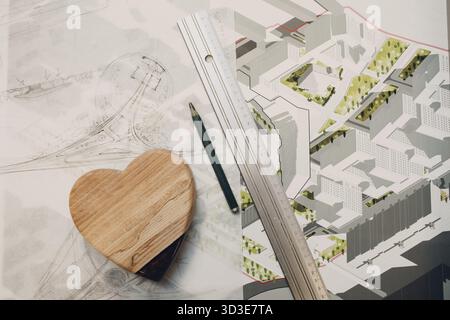 Drawings blueprints and layout design project at office table with ruler Stock Photo