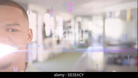Smiling left man in light shirt posing in open office, lens flare numeric overlays, copy space Stock Photo