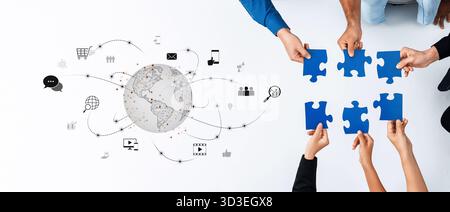 A creative concept showcasing hands holding puzzle pieces symbolizing teamwork, connected through digital elements representing global collaboration Stock Photo