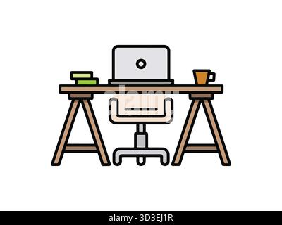 Illustration of a workspace with laptop books and coffee cup Stock Vector