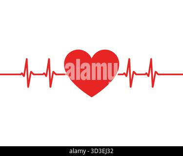 Heart Beat Pulse Line with Red Heart Symbol on White Background Stock Vector