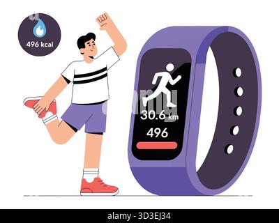Fitness tracker with running data displayed and man stretching leg Stock Vector