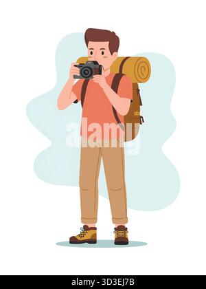 Male Photographer Capturing Scenery on Adventure Trip with Backpack Illustration Stock Vector