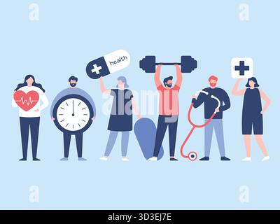 Healthy lifestyle concept vector illustration with fitness and wellbeing symbols Stock Vector