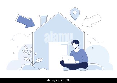 Work from home illustration with person laptop and house depiction Stock Vector