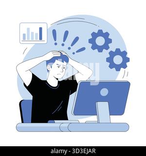 Frustrated developer in front of computer with graph and gears Stock Vector