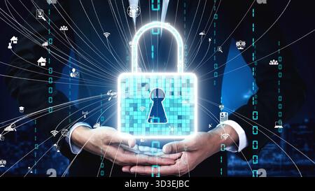 A businessman holds a glowing digital lock, representing security and data protection in technology. The imagery conveys themes of privacy and trust Stock Photo