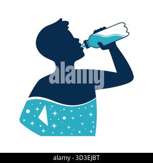 Silhouette of person drinking water from bottle with star pattern inside Stock Vector