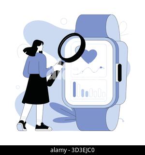 Woman analyzing health data on smart watch with magnifying glass concept Stock Vector
