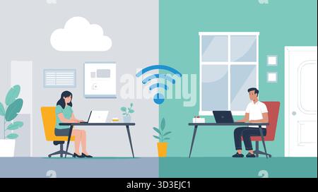 Remote work and connectivity concept with people working from different locations Stock Vector