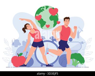 Healthy Lifestyle with Exercise Balanced Diet and Love for the Planet Stock Vector