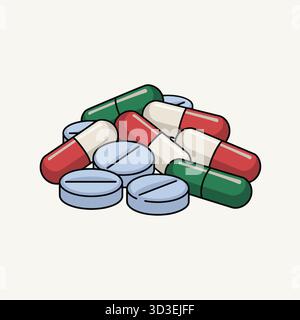 Assorted pills and capsules stacked together for health and wellness illustration Stock Vector
