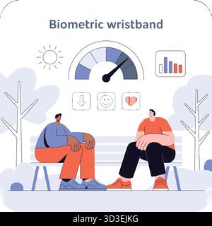 People discussing health metrics displayed on biometric wristband in a park Stock Vector