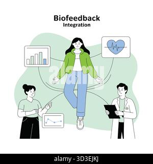 Biofeedback integration illustration showcasing health monitoring and patient well being Stock Vector