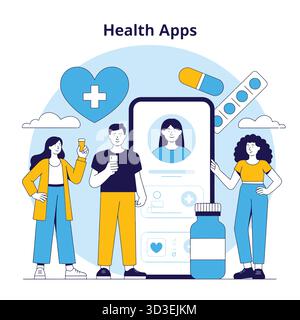 Health Apps illustration of people and technology for healthcare solutions Stock Vector