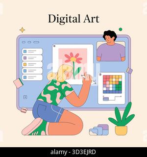 Digital artist creating flower design on tablet with remote collaboration tool Stock Vector