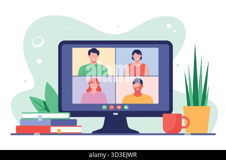 Virtual Meeting on Computer Screen with Diverse People and Office Setup Stock Vector