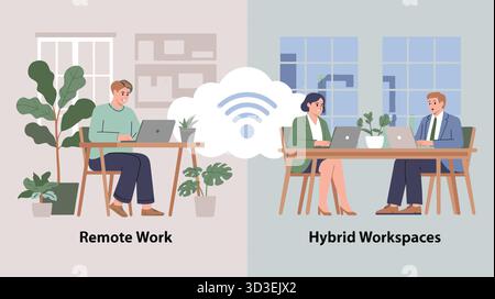Remote Work versus Hybrid Workspaces Vector Illustration Connection and Collaboration Stock Vector