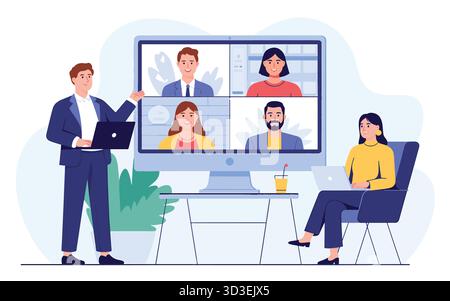 Virtual Team Meeting Collaboration and Communication Technology Illustration Business Concept Stock Vector