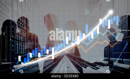 This image depicts a dynamic business growth scene featuring graphs and silhouettes of people in a corporate setting, illustrating financial success Stock Photo