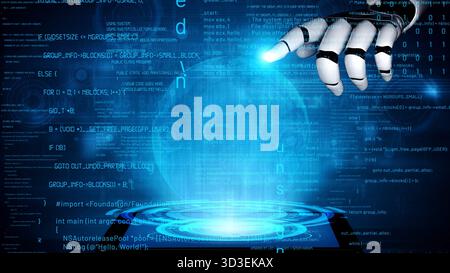 A captivating scene depicting a robotic hand reaching towards a glowing holographic globe, surrounded by streams of digital code, symbolizing the Stock Photo