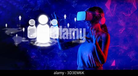 A person immersed in virtual reality explores global networking opportunities, illustrating the intersection of technology and human connection in Stock Photo