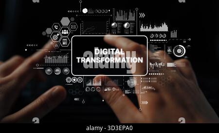 Hands Interacting with Data Graphics Representing Digital Transformation Concepts and Technologies in a Modern Workspace. Asymptotic smart data Stock Photo