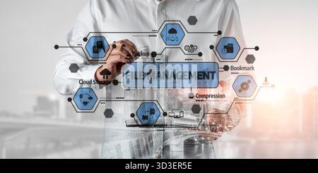 Visual representation of file management with icons and technology elements showcasing efficiency and organization in a modern business setting Stock Photo