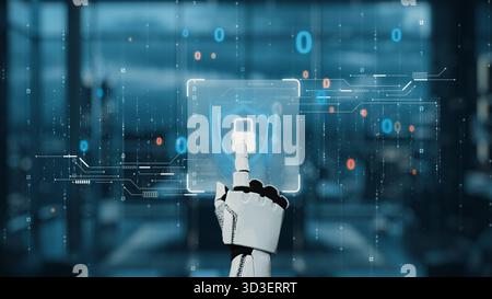 A robotic hand interacts with a digital security interface, highlighting advanced technology in cybersecurity. This futuristic image emphasizes Stock Photo