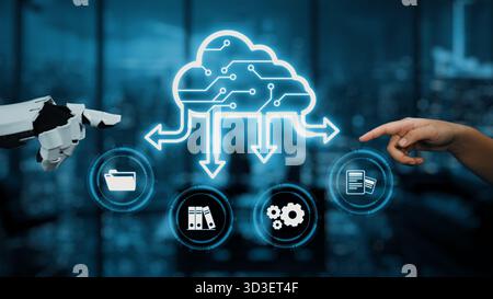 A futuristic representation illustrating the collaboration between human and machine in cloud computing, showcasing data transfer and organization in Stock Photo
