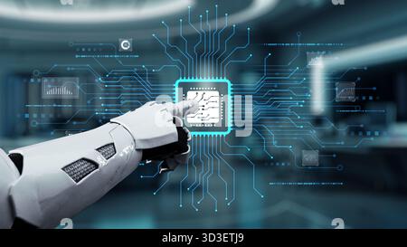 A sleek robot hand points at a digital circuit board in a modern tech setting. The image symbolizes the intersection of robotics and artificial Stock Photo