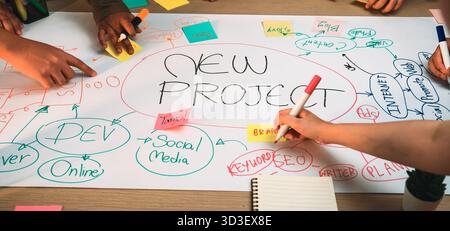 A vibrant workspace showcasing a collaborative effort for a new project featuring colorful sticky notes, markers, and brainstorming ideas captured in Stock Photo