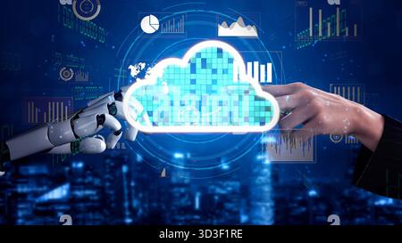AI artificial intelligence optimizes cloud infrastructure with virtual assistants and intelligent automation, improving scalability, security, and Stock Photo