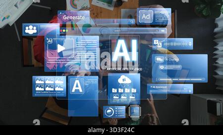 Aerial view of a collaborative workspace featuring advanced artificial intelligence technology showcasing digital tools for creativity, analysis, and Stock Photo