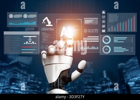 AI assists in creating intelligent automation systems that integrate robotics, analytics, and data-driven processes to increase productivity and Stock Photo