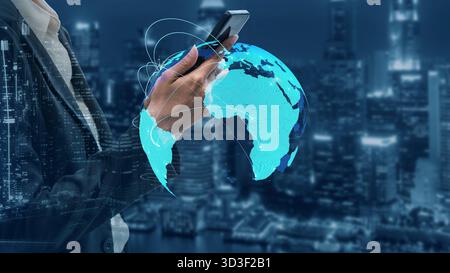 Global network connection visualization showing data exchange, digital link, worldwide communication. Global data flow and digital network Stock Photo