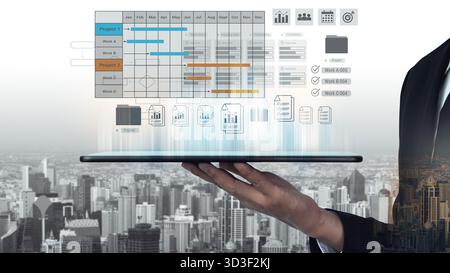 Digital visualization of multiple project timelines with progress tracking, documents, and team collaboration symbols Parse Stock Photo