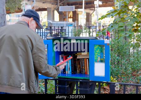 An elderly man peruses a Little Free Library book exchange, book sharing box in New York City. Stock Photo