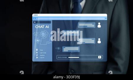 A professional man in a suit interacts with an AI chat application displayed on a digital interface, showcasing modern communication technology in a Stock Photo