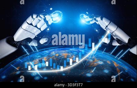 A striking illustration of futuristic robotic hands emitting blue energy, representing growth and technological advancement over a digital globe Stock Photo